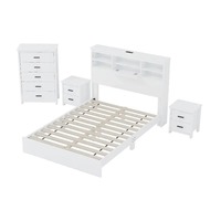 Ensemble de chambre à coucher vintage en bois blanc 4 pièces avec 2 tables de chevet 1 commode tiroirs de rangement et cadre de lit Queen Size pour chambre à coucher