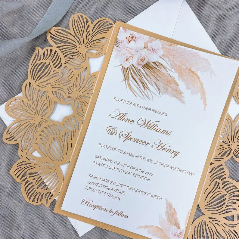 Grosir kartu pernikahan dengan potongan Laser mewah gaya Eropa sampanye emas berkilau undangan pernikahan dengan potongan Laser