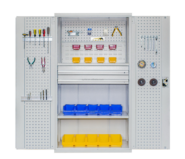 Industrial Heavy Steel Tool Cabinet With Pegboard,2 Drawers Adjustable Shelves Workshop Hardware Storage Cupboard