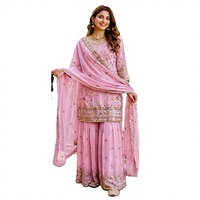 Salwar Kameez traditionnel pour femme, rose brodé en faux georgette, séchage rapide, style indien pakistanais, Sharara pour fêtes et mariages d'hiver