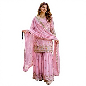 <b>Pink</b> Embroidered Faux Georgette Quick Dry Winter Women's Traditional Wedding <b>Salwar</b> <b>Kameez</b> Indian Pakistani Style Sharara Party - Product Image 1