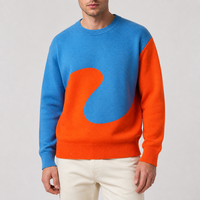 Sweater Grosir untuk Pria Retro Asimetris Warna Blok Berpola Putar Lengan Panjang Kerah Bulat Rajutan Pullover Logo Kustom