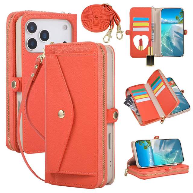 Leather Wallet Flip Mirror Crossbody Lanyard Hone Case for iPhone 17 Air 16E 15 14 13 Plus 12 11 Pro XS Max XR Zipper Card Slot