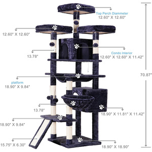 Expédition gratuite usine : Arbre à chat en bois bleu foncé avec structure d'escalade haute en peluche, griffoir, hamac et maison-tour - Product Image 4