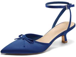 Dames Marineblauwe Puntige Neus Slingback Kitten Hakken Strik Enkelband Jurk Schoenen Voor Kantoor, Bruiloft En Feest - Product Image 4