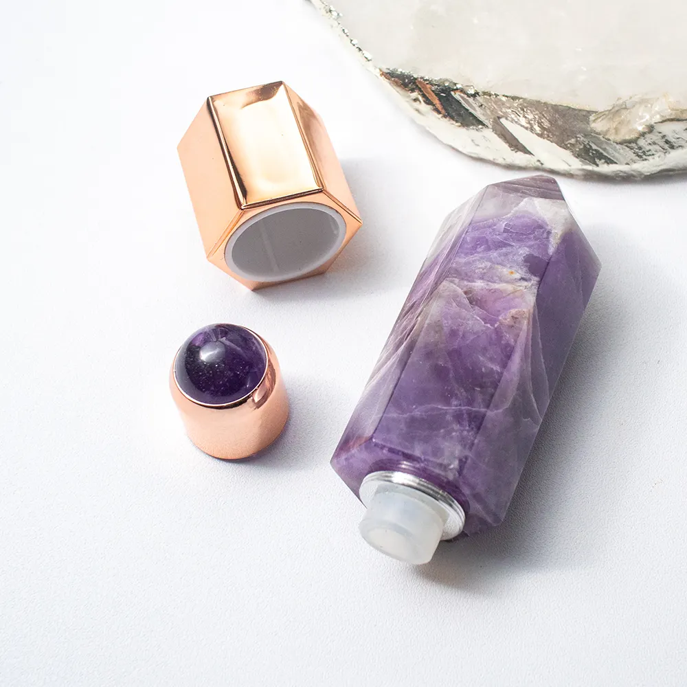 Natural gemstone face massage roller oil perfume bottle amethyst crystal roller bottle