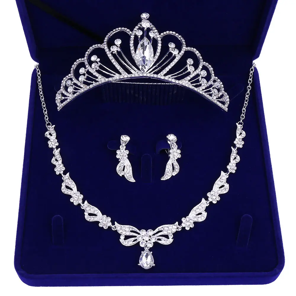 Koreaanse Boxed Kristal Haar Kam Bridal Crown Ketting Earring Hoofddeksel Set Meisje Wit Strass Legering Haar Accessoires