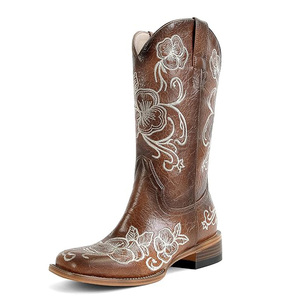 Botines de tacón grueso con punta y bordado floral personalizado, estilo vaquero, color marrón, para mujer - Product Image 1