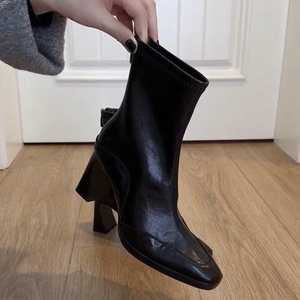 Bottines noires en cuir pour femmes, à talon carré épais, avec chaussette élastique, pour usage quotidien décontracté, vente en gros - Product Image 3