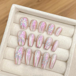 Uñas postizas de ataúd medianas, rosa claro, estilo francés, con efecto mariposa, luz de <span class=keywords><strong>ilusión</strong></span> y espejo mágico - Product Image 4