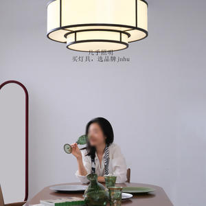 Lustre de salle à manger en lin français de style chinois minimaliste moderne, luminaire en tissu à LED réglable en hauteur pour salon - Product Image 5