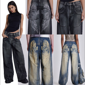 Señoras Casual Old Gradient Wing Print American Retro Loose Wide Leg Denim Desgastado Lavado Cintura media Temporada de verano Logotipo frontal - Product Image 2
