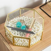 Boîte à bijoux géométrique minimaliste en verre hexagonal doré, présentoir à bibelots transparent, décoration esthétique pour la maison, boîte de rangement pour la coiffeuse