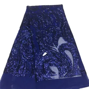 Glitter Lấp Lánh Tím Hải Quân Màu Xanh Sequin Thêu Denim Vải Ren Dệt May Châu Phi