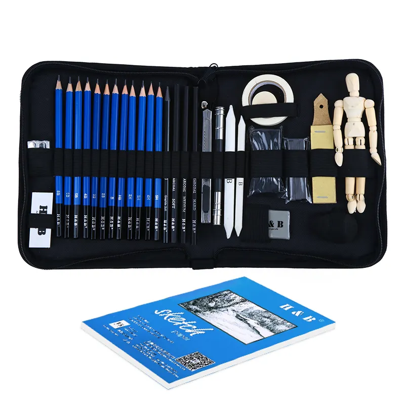 HB vente en gros, ensemble de crayons de croquis et kit de dessin professionnels 33 pièces