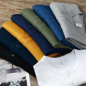 T-shirt blanc 100 % coton tricoté épais pour <span class=keywords><strong>homme</strong></span>, col montant, manches longues, style décontracté, haut de base tendance, design uni, printemps-automne - Product Image 3