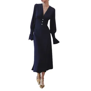 Hot Sale Premium Elegant Formal Dark Blue Waisted V-Neck Button Embellished Cuffs Elasticated Strap Design Women's Long Dresses