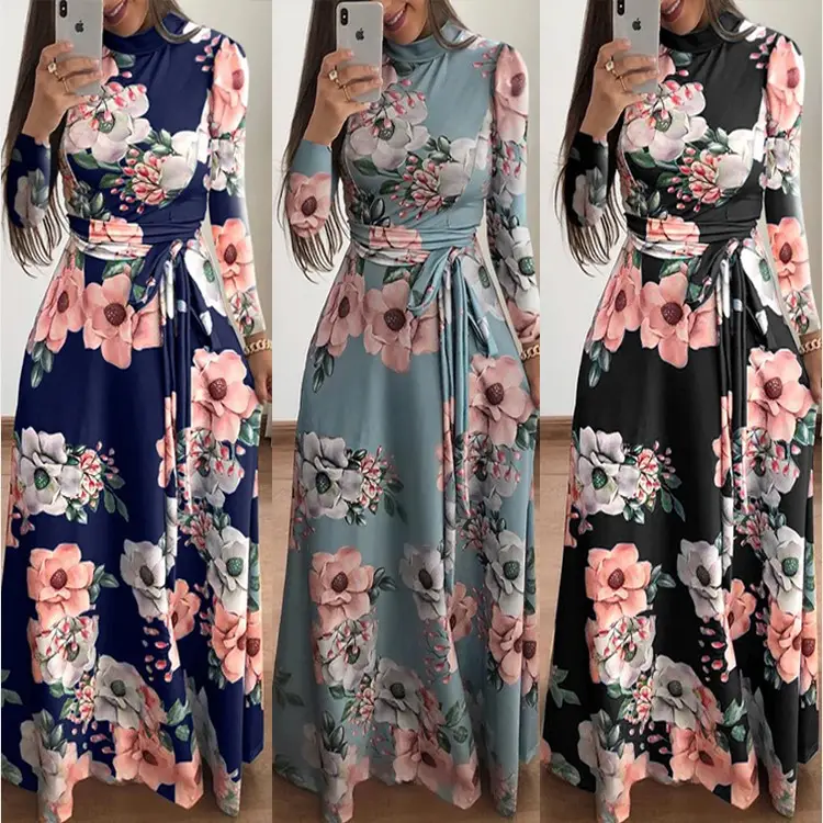 Vrouwen Lady Bloemenprint Kerk Jurken O Hals Elbise Jurk Casual Sexy Lange Mouwen Maxi Casual Kerk Jurk