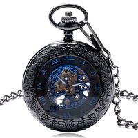 Reloj de Bolsillo Mecánico Manual Único con Cubierta Transparente Negra, Reloj Esqueleto de Cuerda Manual con Cadena para Regalo del Día del Padre