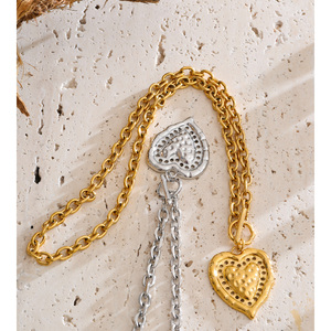 JINYOU 5834 Chunky Stainless Steel Hammered Heart Pendant <strong>Necklace</strong> Vintage <strong>Toggle</strong> Clasp T-Bar Gold Plated Jewelry <strong>Necklace</strong> - Product Image 5