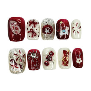 10 Pièces Ongles Press-On Faits Main pour l'Ambiance Festive du Nouvel An Chinois, Paillettes Dorées, Motifs Fleur de Prunier, Pomme, Cheval, Demi-Couverture, Forme Amande - Product Image 5