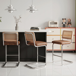 Modern Rattan Counter Bar <b>Stool</b> Chrome Cantilever Legs Tufted Padded <b>Seat</b> Bar Chair with 350LBS Load Capacity for Bistro Kitchen - Product Image 1
