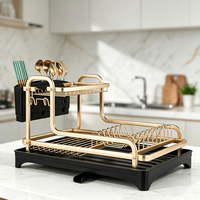 Égouttoir à vaisselle double moderne multifonctionnel en aluminium doré, sans rouille, avec bec de vidange automatique, gain de place, organisateur d'évier de cuisine