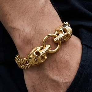 Rock Skull Head Charm Bracelet Men's Stainless Steel double <b>chain</b> Heavy gold <b>Chain</b> Gold Skull Punk Bracelets Biker Jewelry - Product Image 1