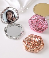 Miroir de poche compact pliable double face en plastique en forme de rose, vente en gros