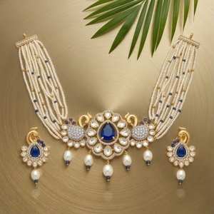 Traditional Blue Stone 925 Silver Pearl <b>Necklace</b> Set Gold Bridal Jewelry with Earrings Pearl Flower Design for Women Jewelry - Product Image 2