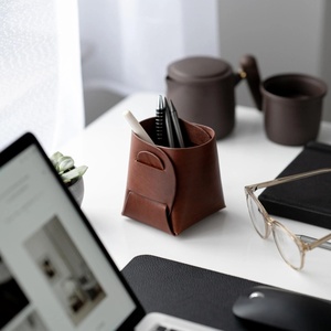 Boshiho Leather Pen Pot Office <b>Desk</b> Pen Holder Foldable Storage Tray Makeup Brush Basket Box Pouch - Product Image 2