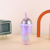 Vaso de Plástico Reutilizable de Doble Pared de 450ml, Estilo Minimalista, Color Sólido Macaron, con Tapa de Confeti Iridiscente y Popote Antiderrames