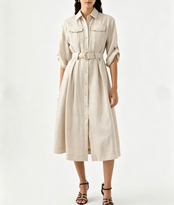 Robe chemise midi élégante beige <span class=keywords><strong>sable</strong></span> pour femme, tenue de travail décontractée pour le bureau, personnalisable avec logo, couleur et taille, broderie - Product Image 2