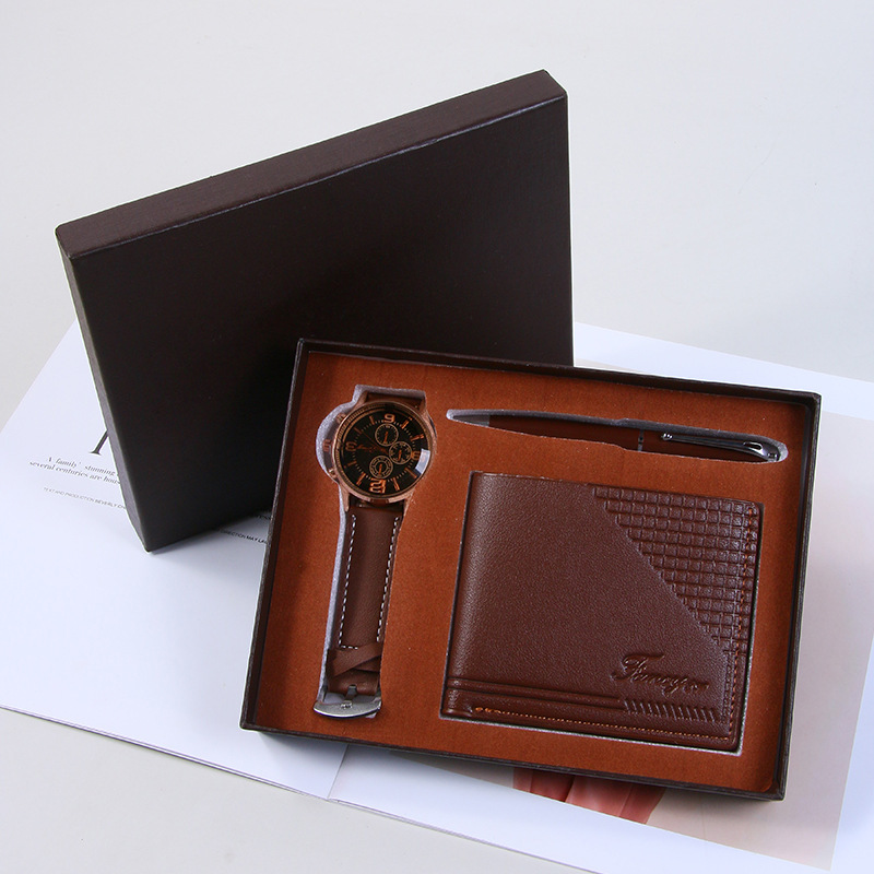 4-piece brown gift set (watch, ballpoint pen, wallet)