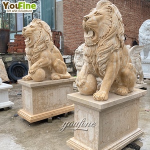 Giardino a grandezza naturale in marmo pietra scolpita statue di leone con palla - Product Image 3