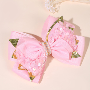 CN 2 개 달콤한 핑크 바렛 리본 머리 활 클립 반짝 스팽글 머리 핀 꽃 리본 머리 클립 여자 아이 - Product Image 1