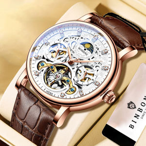 Vintage Leather Strap <b>Men's</b> Mechanical <b>Watch</b> Luminous Pointer Dial Metal Case Hollow Design <b>Waterproof</b> 30M Suitable Wholesale - Product Image 1