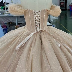 Hmy37 Vestido de Gala con Corsé de Corazón Brillante Color Champán, Falda de Tul con Volantes y Cola Circular Tipo Catedral Jancemebr - Product Image 6