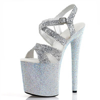Sandales à talon aiguille super haut de 20 cm (8 pouces) avec strass intégrés, modèle élégant ajouré pour la danse sur barre, les clubs et les banquets