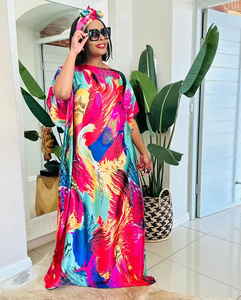 Wholesale 2026 Ladies <b>Kaftan</b> Dresses Fashion One Size Satin Printed Muslim Long African Dress With Headscarf Abaya - Product Image 5
