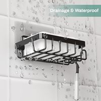 Support mural adhésif rectangulaire en métal noir pour savon auto-drainant avec 2 crochets pour salle de bain, douche, évier