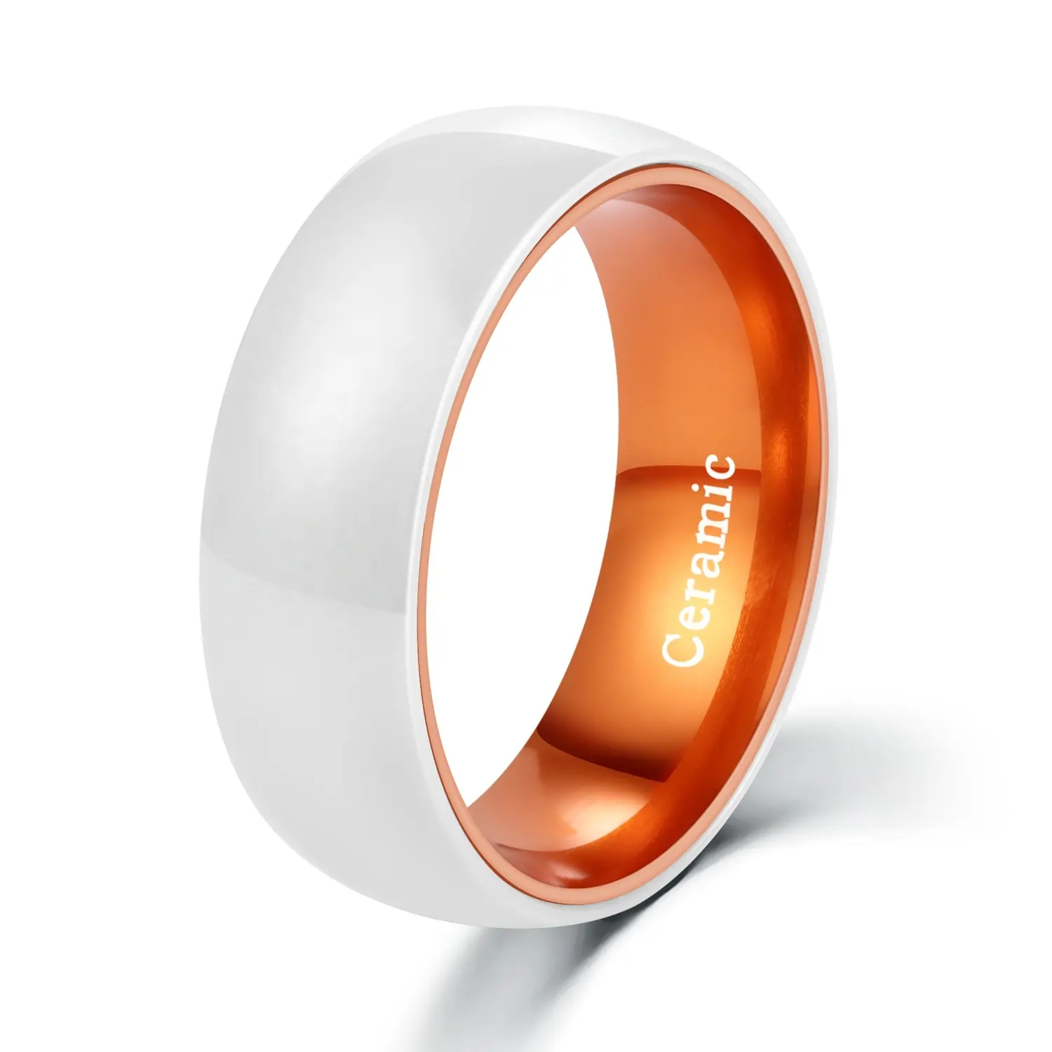 POYA Schmuck 8mm Weiß Keramik Ringe mit Orange Eloxiert Aluminium Inset Mens Womens Hochzeit Band