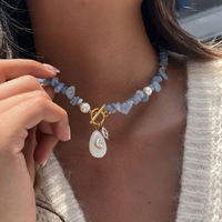 Collier en perles de pierres naturelles d'aigue-marine, plaqué or 18 carats, fermoir à bascule étanche, breloque goutte d'eau en oxyde de zirconium, bijoux d'été