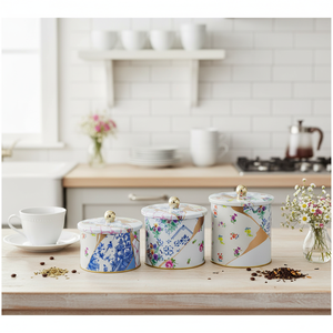 ชุดกระป๋องโลหะทรงกลมขนาดเส้นผ่านศูนย์กลาง140มม. (3ชิ้น) kintsugi ดอกไม้เส้นสีทองดีไซน์แบบ kintsugi - Product Image 3
