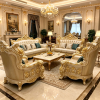 Ensemble de canapés en cuir classique en bois massif sculpté à l'or européen de luxe sur mesure pour le salon