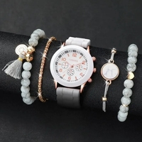 Jam tangan kuarsa silikon Analog wanita, 5 buah/Set jam tangan Fashion kasual gelang Nadi marmer