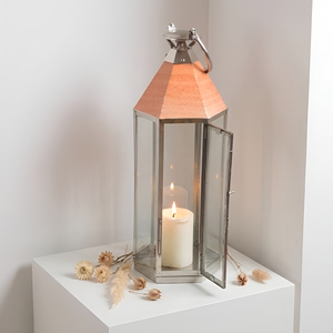 Lanterne à bougie hexagonale moderne en acier inoxydable avec couvercle en bois pour fabricants - Product Image 1