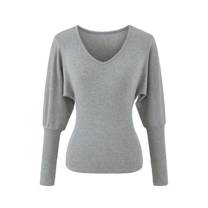 T-shirt da <span class=keywords><strong>donna</strong></span> a maniche lunghe a pipistrello con scollo a V in misto cotone e <span class=keywords><strong>viscosa</strong></span> spazzolato, tinta unita, per autunno, outdoor e street style - Product Image 5