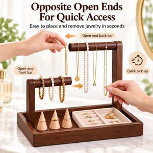 Organisateur <span class=keywords><strong>de</strong></span> table en bois à deux niveaux avec barres ouvertes et plateau à bijoux pour tables <span class=keywords><strong>de</strong></span> chevet, bureaux et entrées, avec cône porte-bagues - Product Image 4