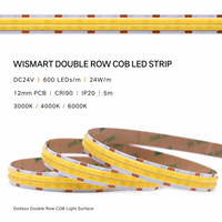 WISMART Bande LED COB double rangée 24V 600 LED/m 12mm 24W/m 5m CRI90 IP20 Haute luminosité Lumière sans points 3000K 4000K 6000K pour éclairage encastré
